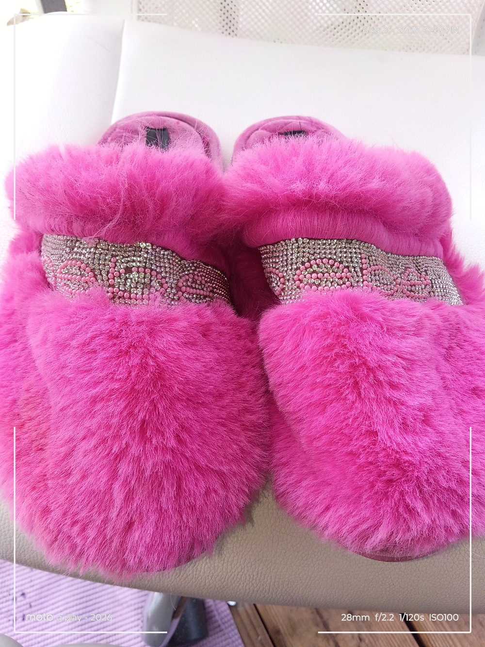 bebe Hot Pink Faux Fur Slippers with Crystal Band